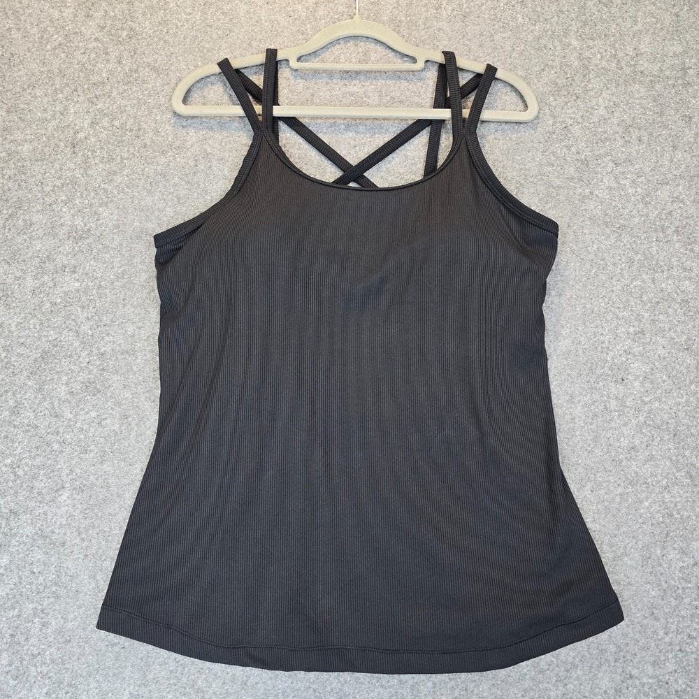 all in Motion Strappy Tank Top Womens XL Black Ribbed Stretch Scoop Neck Workout